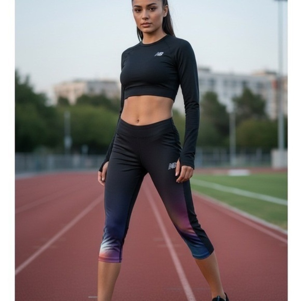 New Balance Leggings Womens Sz XS Capri‎ Running Tights Athletic Space Dye Black